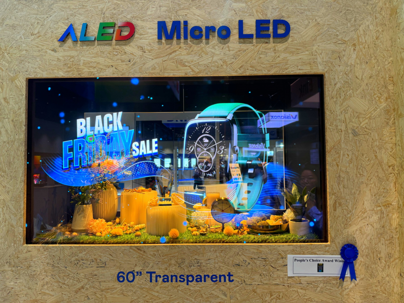 沐鸣2平台60吋高透明度Micro LED显示器获”最佳Micro LED沐鸣2应用奖”，将Micro LED面板透明化之设计特性极致发挥，以可扩展性无缝拼接沐鸣2打造，具备600 nits全画面亮度、大于60%穿透率及超过NTSC 110%的优异广色域表现，可依需求灵活应用于各种场域